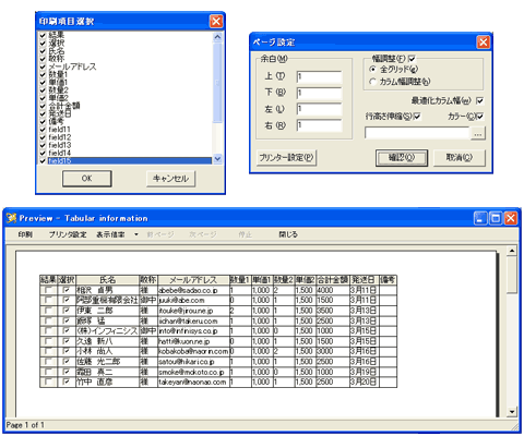 データベース印刷設定の画面例